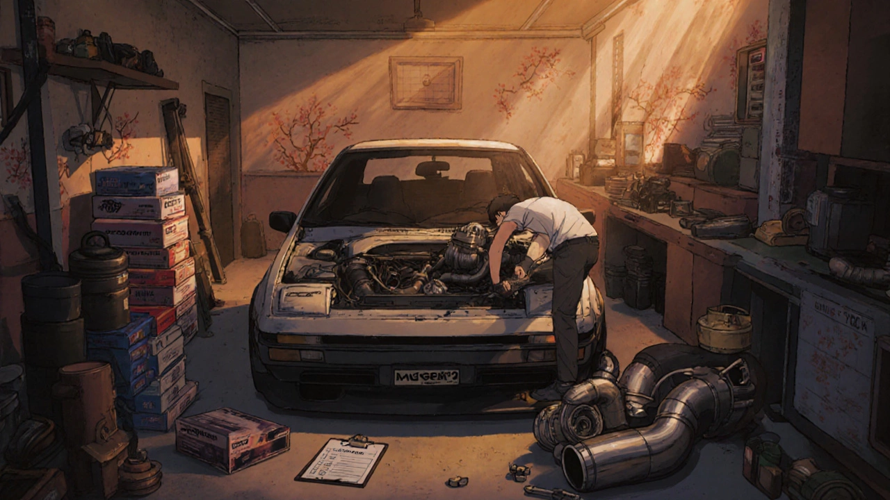 Аниме‑сцена гаража, где AE86 собирают в JDM‑тюн с деталями HKS и Mugen.