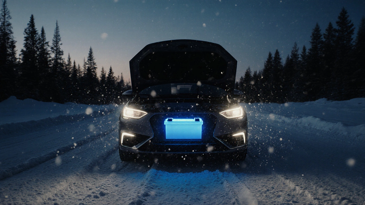 Автомобиль без проблем заводится в снегу, светящийся аккумулятор подчёркивает правильный выбор.