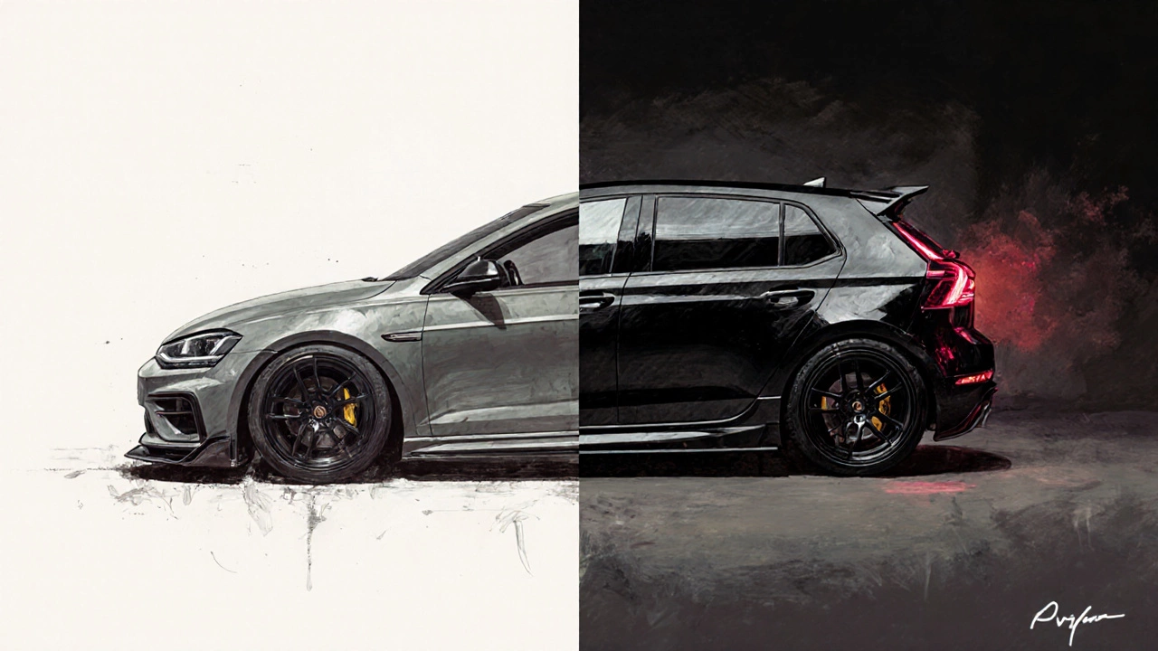 Два вида одной машины: серая заводская слева, измененная с аэродинамикой и подсветкой справа.