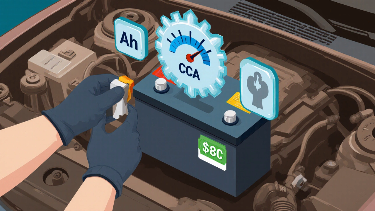 Механик проверяет аккумулятор в моторном отсеке, рядом видны символы ёмкости, CCA и веса.