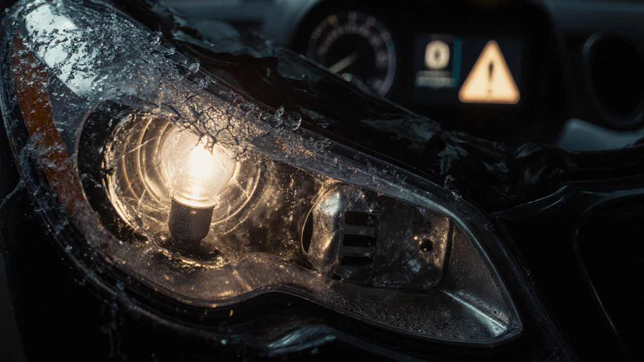 Внутри фары: перегревшийся светодиодный модуль с поврежденной электроникой и отсутствием охлаждения.