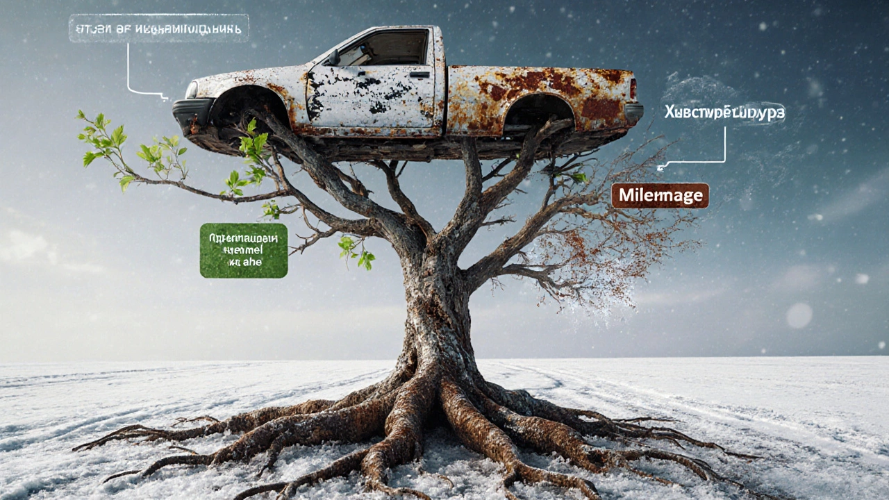 Автомобиль как дерево: корни — год выпуска, ветви — пробег, ствол — ржавый кузов с признаками защиты и разрушения.