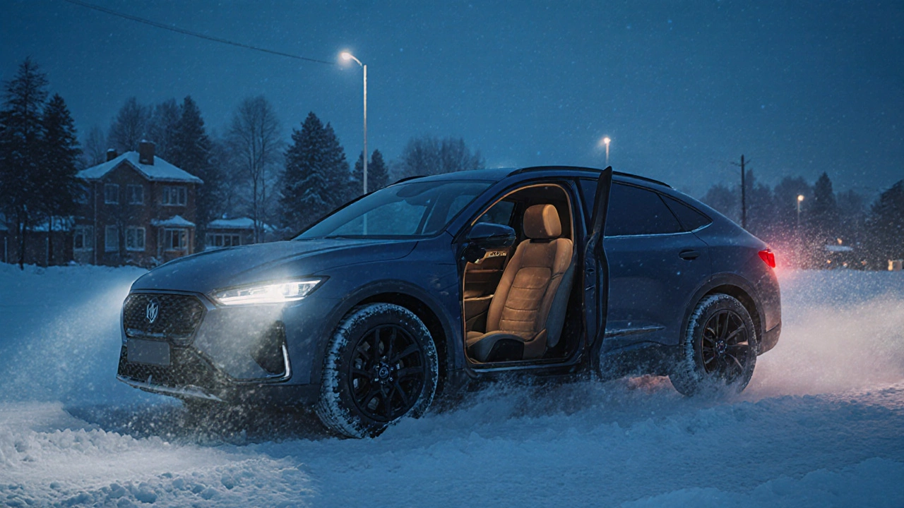 Автомобиль на заснеженной дороге с улучшенными зимними шинами и светодиодными фарами, свет рассекает туман.