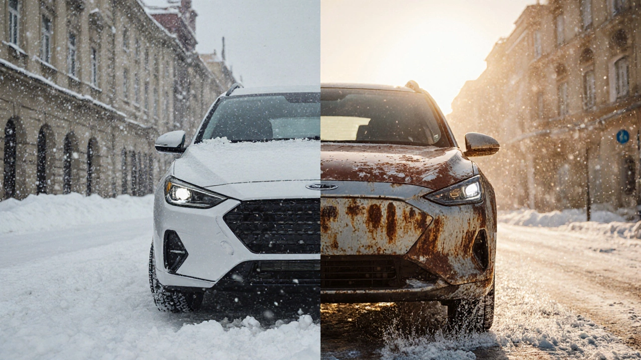 Две машины: старая с низким пробегом и новая с высоким — контраст состояния кузова на фоне разных регионов.