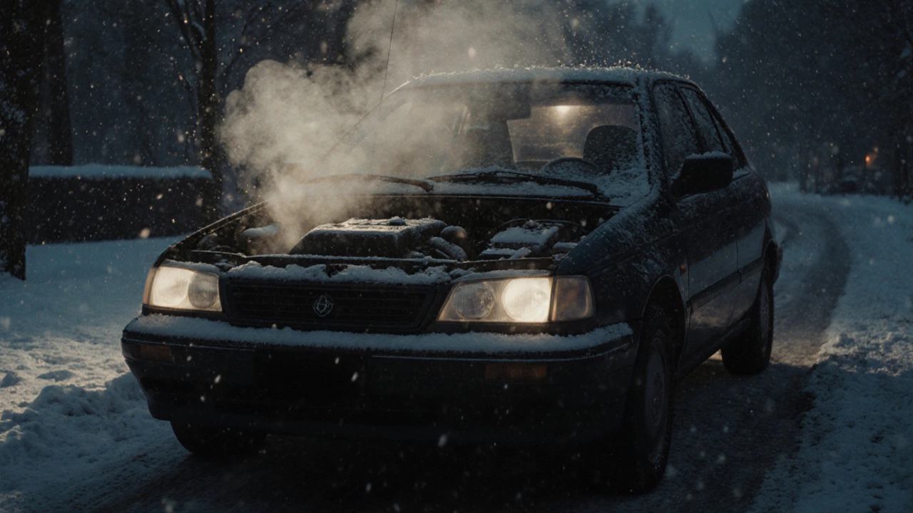 Двигатель старой машины работает при -25°C, снег падает вокруг, из-под капота идёт лёгкий пар.