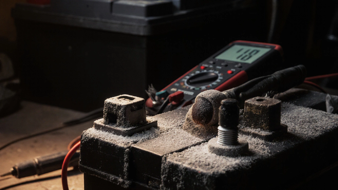 Клеммы автомобильного аккумулятора с коррозией, рядом щетка и мультиметр, показывающий низкое напряжение.