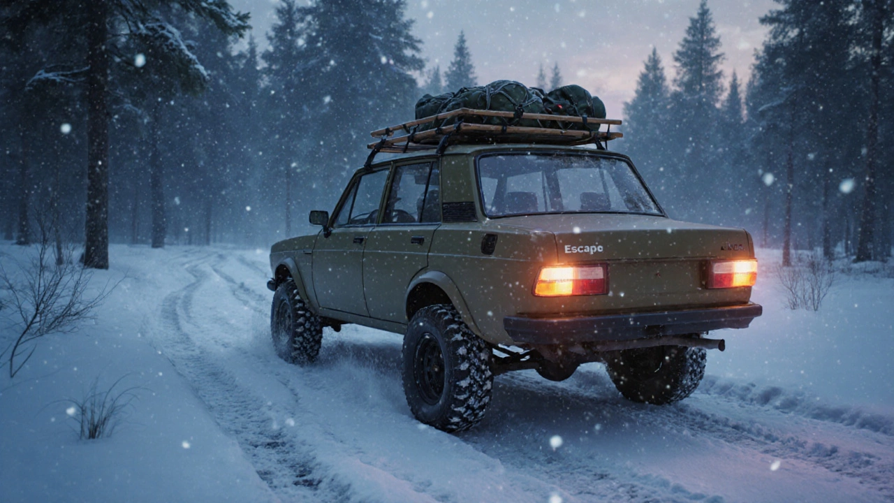 Лада 2107 в стиле Escape едет по заснеженной лесной тропе на закате с включёнными фарами.