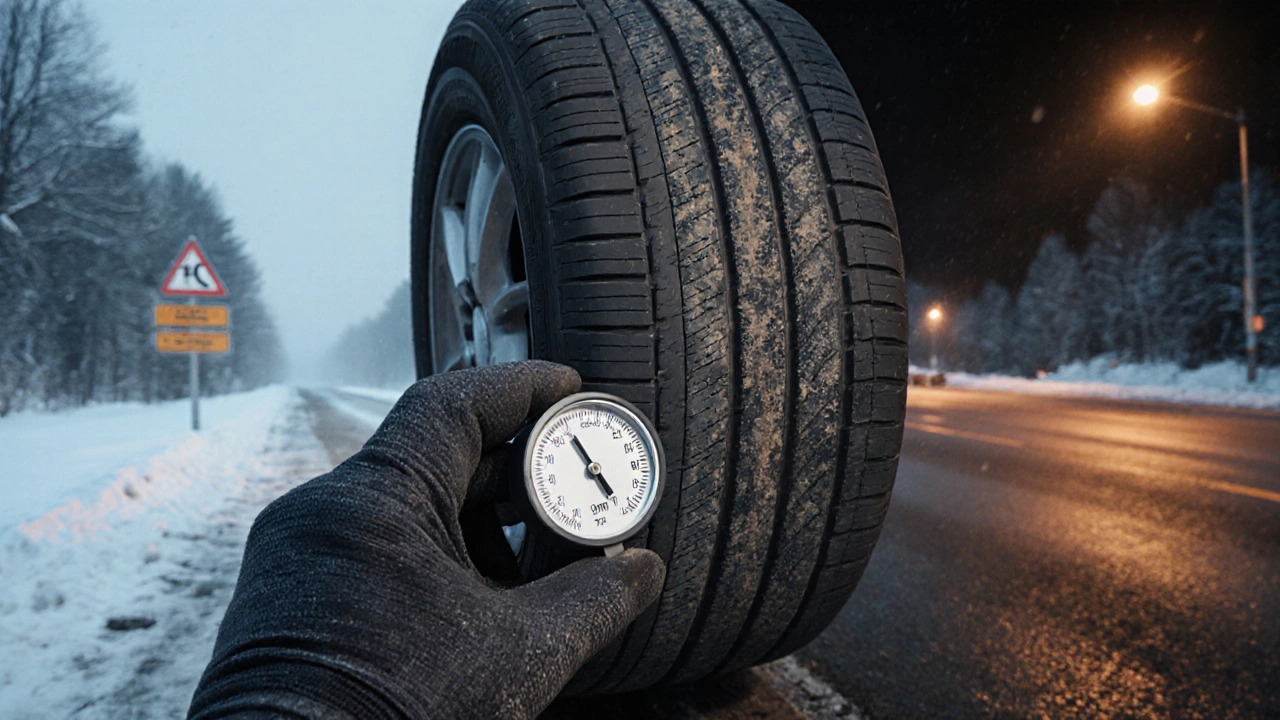 Механик измеряет глубину протектора шины на уровне 3 мм