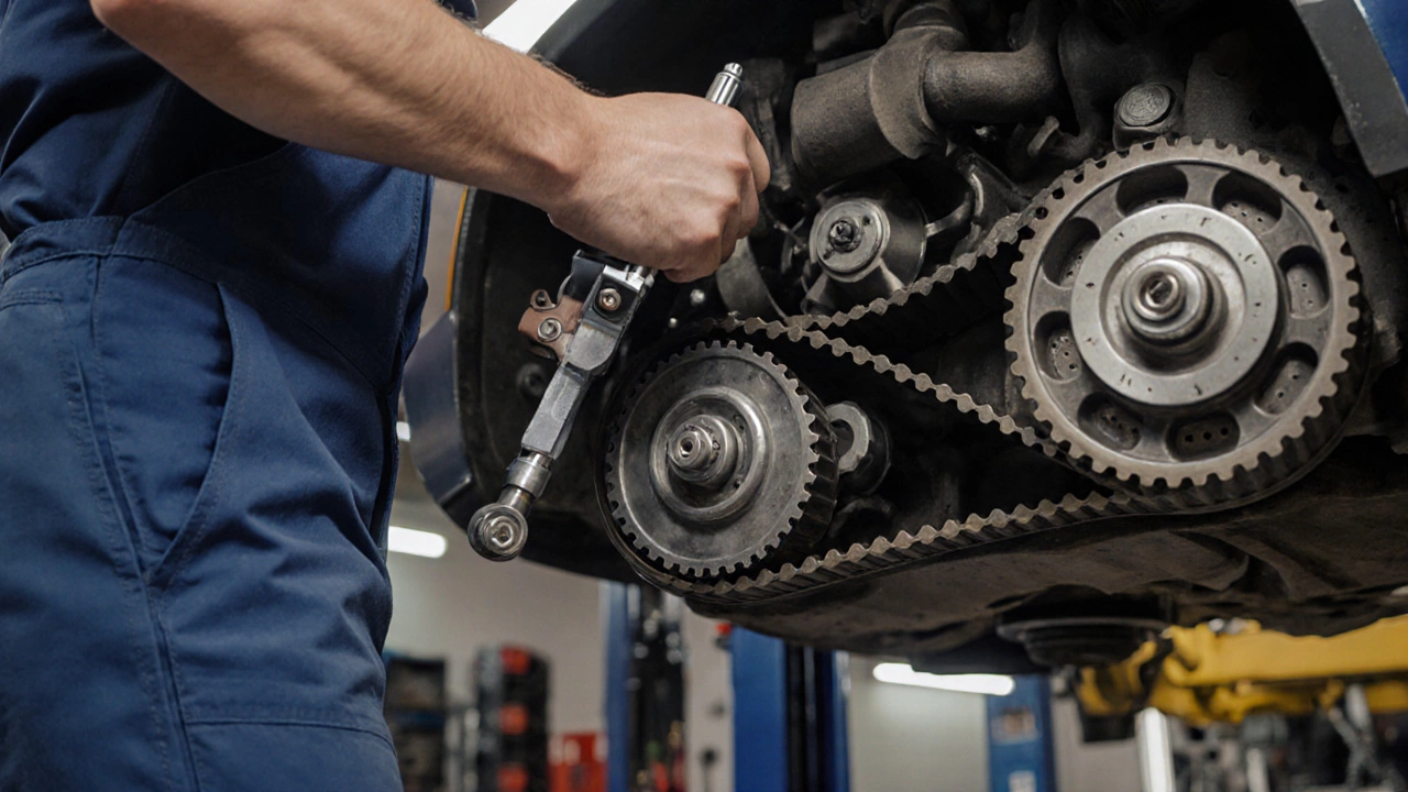 Механик выставляет метки фаз газораспределения при установке ремня ГРМ.