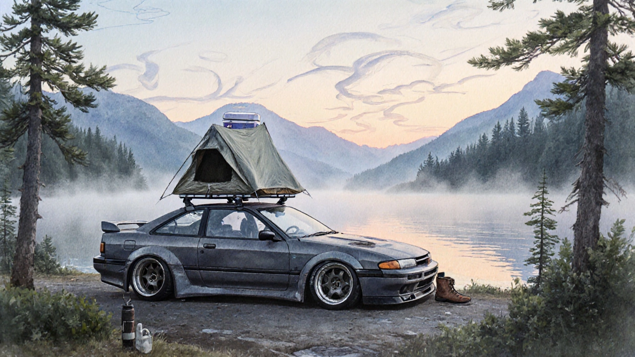 Nissan S13 у озера на рассвете с палаткой на крыше и туманом над водой.