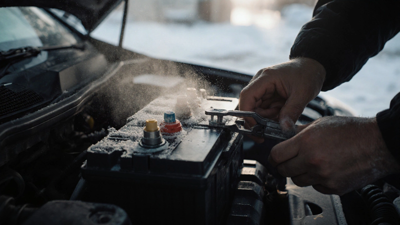 Новый аккумулятор с чистыми клеммами и смазкой в моторном отсеке автомобиля.