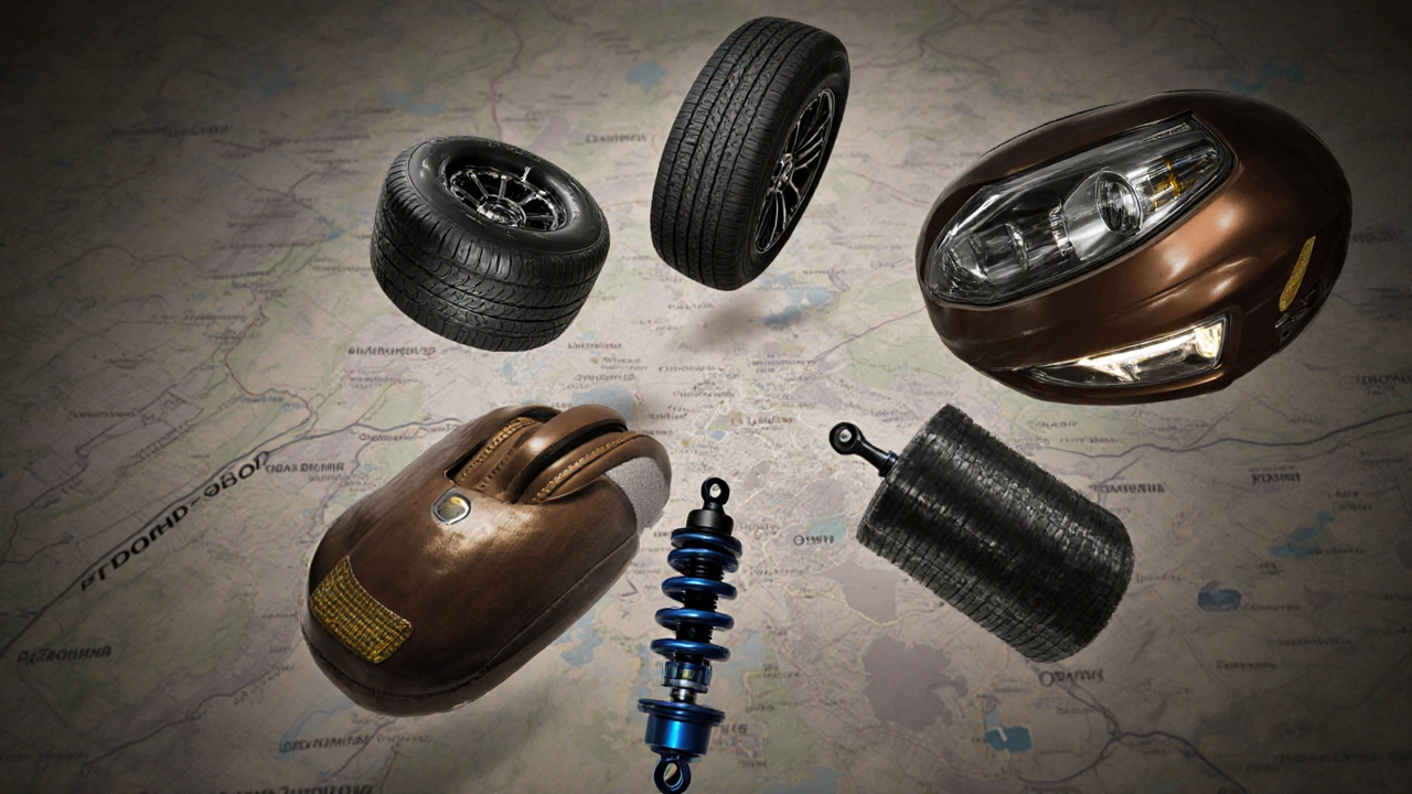 Пять ключевых доработок автомобиля: фары, шины, звукоизоляция, руль и амортизаторы, расположены вокруг карты Ярославля.