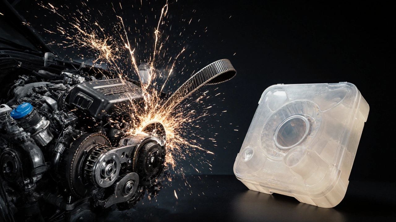 Разорванный ремень ГРМ вызывает катастрофу в двигателе, рядом — новый комплект для замены.