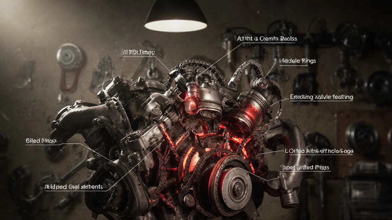 Разрез старого автомобильного двигателя с выделенными изношенными деталями: цепь, кольца, форсунки.