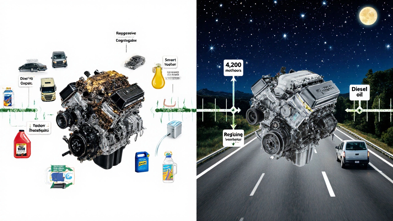 Сравнение двух двигателей: один в городе с износом, другой на трассе с долгой службой.