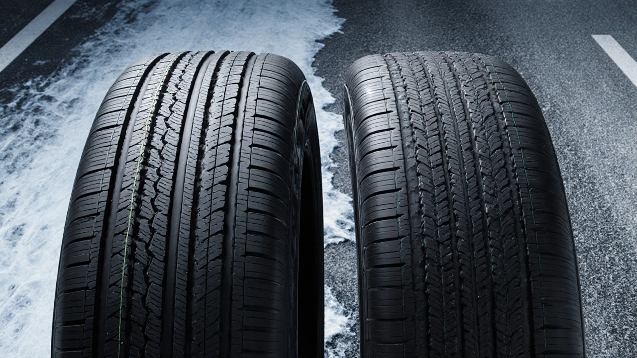 Сравнение зимней и всесезонной шин: детализированные протекторы, сипы и текстура резины при холодном освещении.