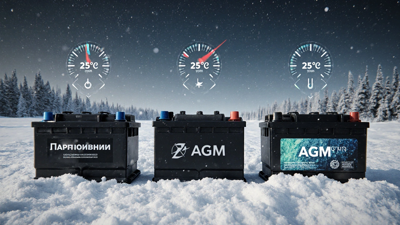 Три типа аккумуляторов на фоне зимнего пейзажа с указанием температуры -25°C.