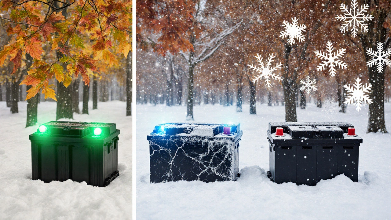 Визуальная шкала срока службы аккумулятора: новый, изношенный и мертвый, на фоне смены сезонов.