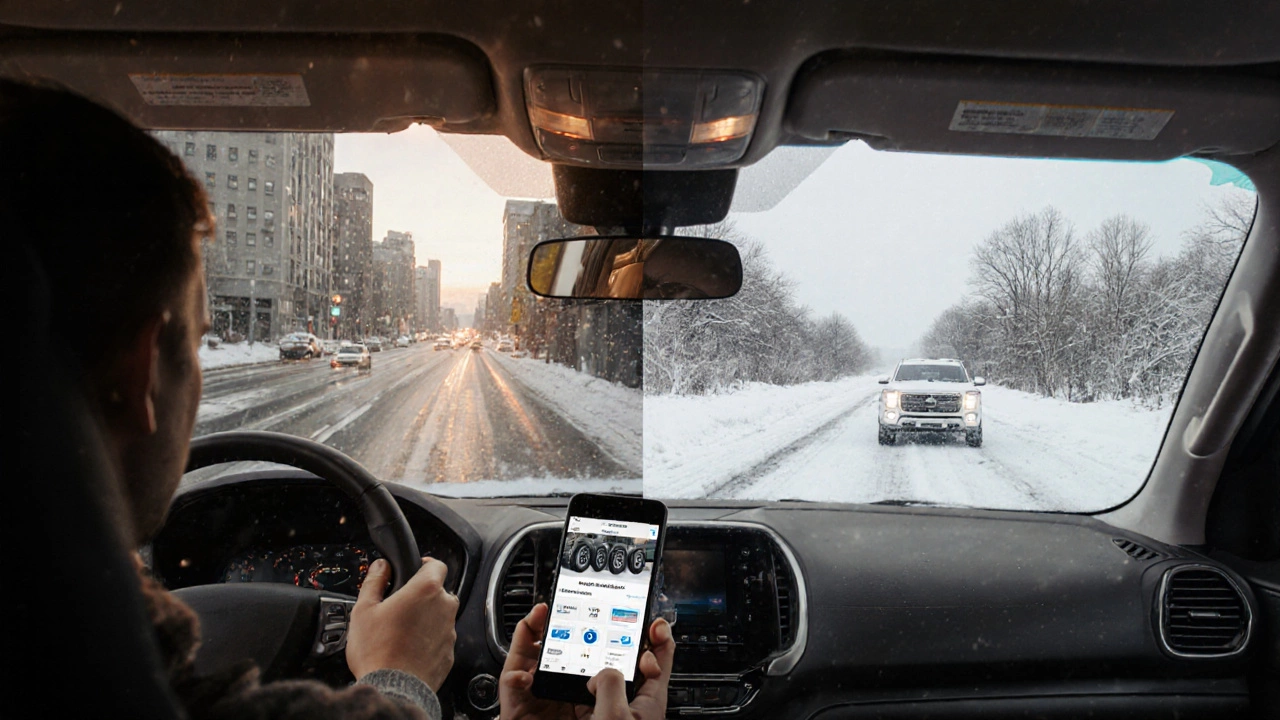 Водитель в машине смотрит на дорогу: слева — безопасная городская езда, справа — скольжение на снегу.