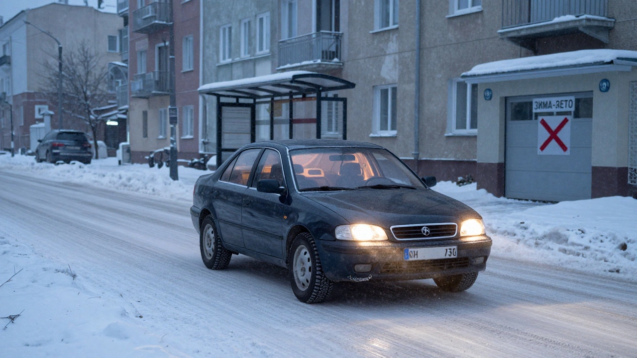 Автомобиль с всепогодными шинами едет по заснеженной улице в российском городе зимой.