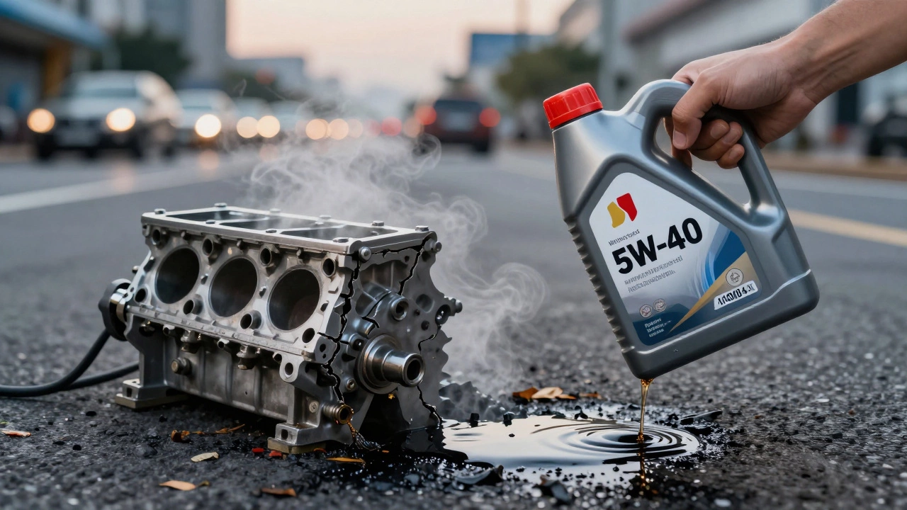 Бутылка масла рядом с треснувшим двигателем, капли масла на асфальте.