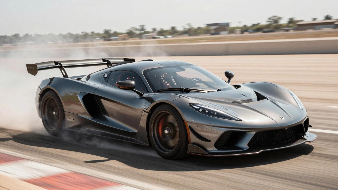 Hennessey Venom F5 на трассе в Техасе, разгоняющийся со скоростью более 400 км/ч с раскрытым аэродинамическим крылом.