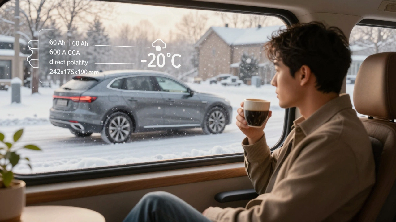 Машина легко заводится в снегу при -20°C, а водитель пьёт кофе дома — символ идеально подобранного аккумулятора.
