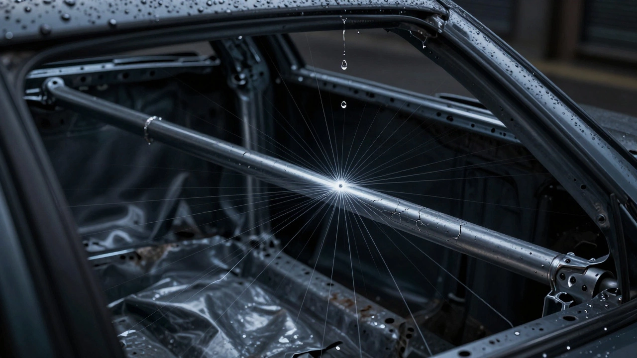 Напряжение в металле кузова: микротрещины и капля конденсата, символизирующие медленное разрушение.