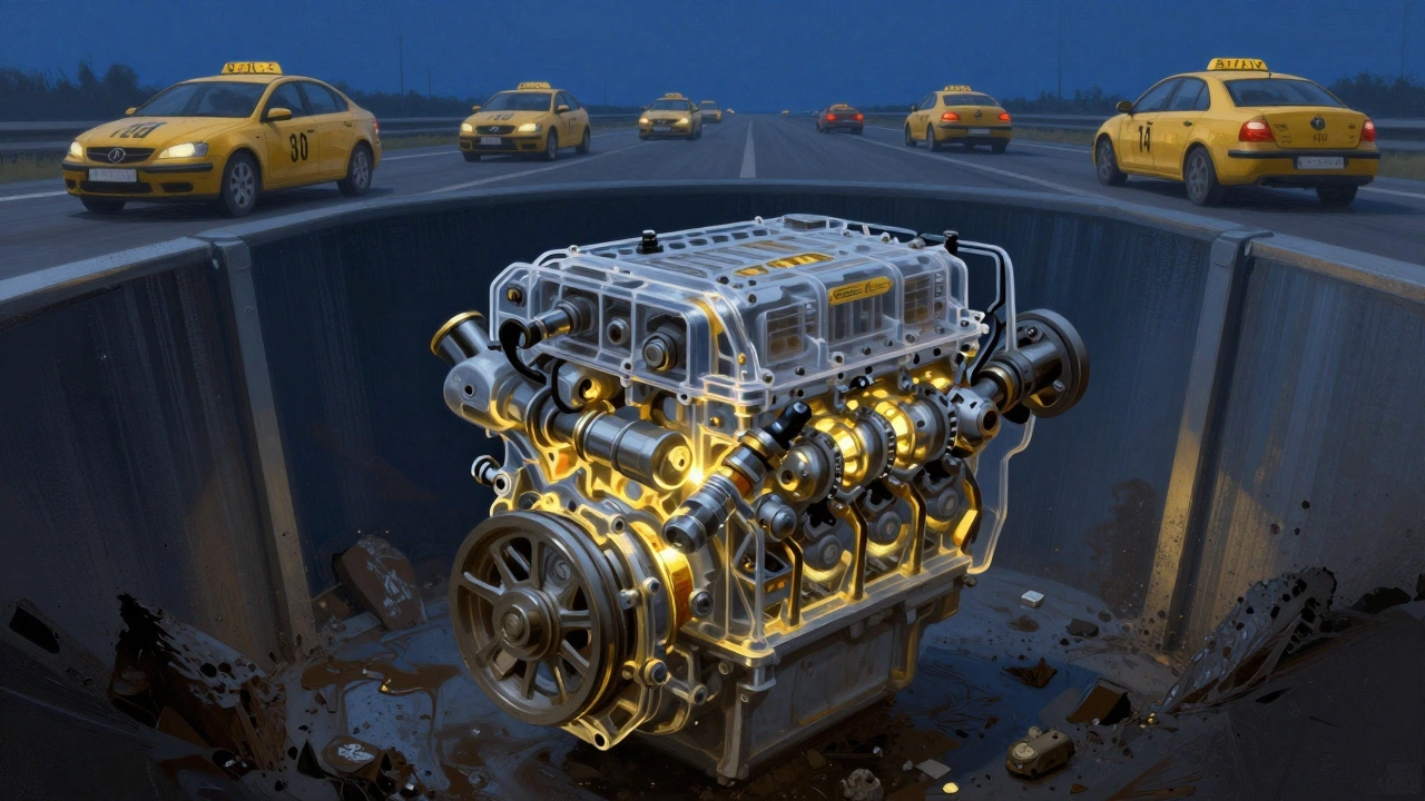Прозрачный дизельный двигатель с чистыми внутренними деталями и фильтрацией загрязнений, за ним — такси с высоким пробегом.