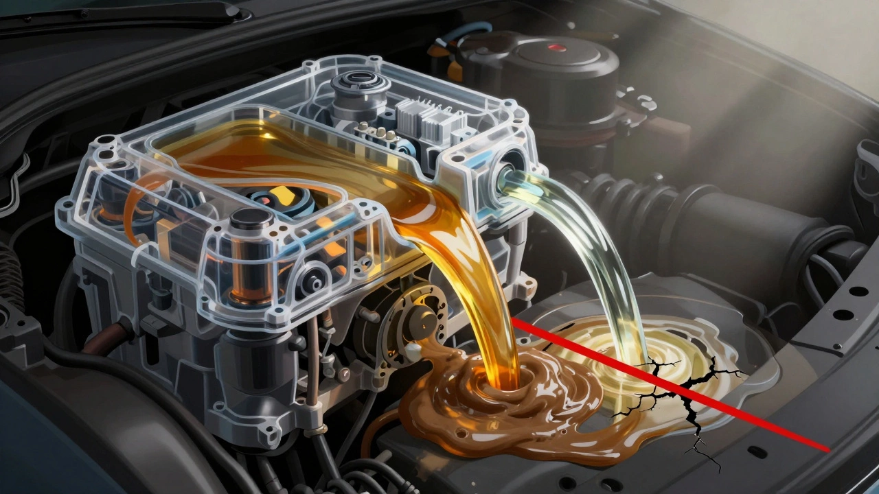 Прозрачный двигатель с раздвоенным потоком масла: чистый и загрязненный.