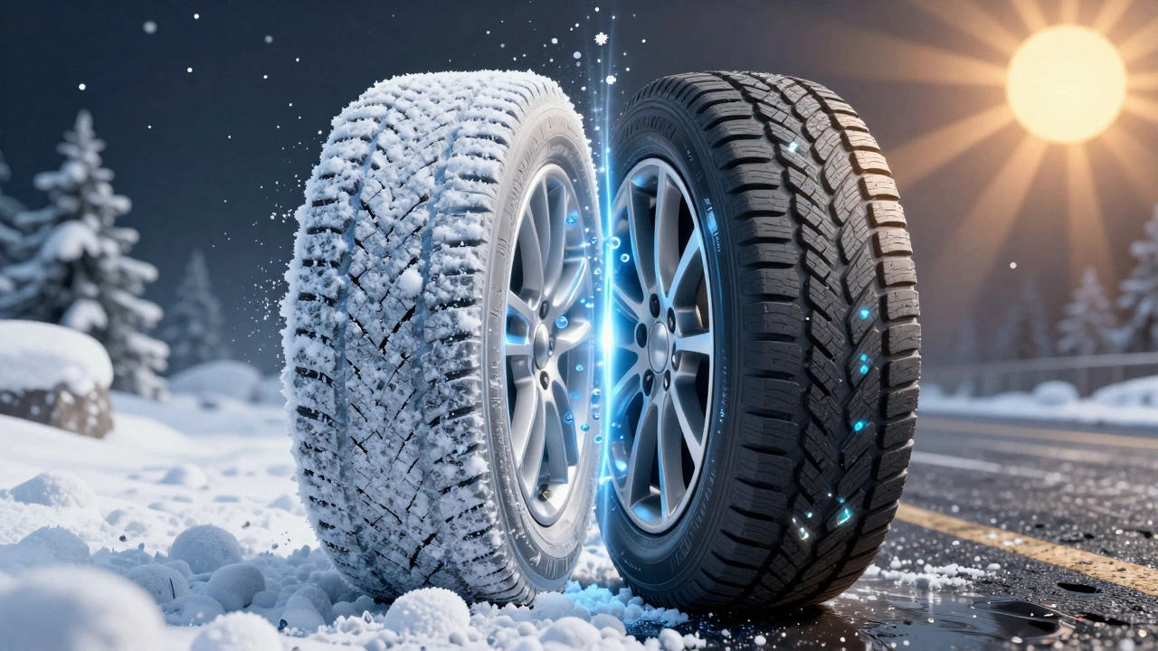 Разрыв между жесткой зимней резиной и размягченной летней, с технологией всепогодных шин посередине.