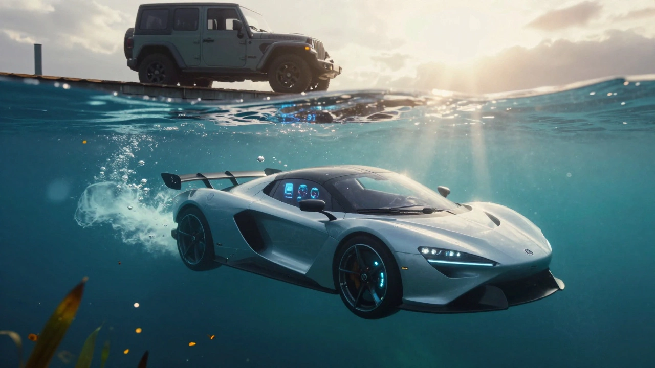 Rinspeed sQuba едет по дну озера под водой, а над поверхностью — его внешний вид как внедорожника на берегу.
