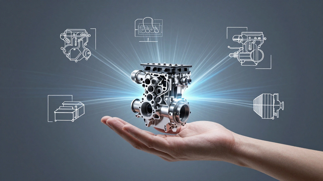 Рука держит светящийся двигатель, окруженный схемами воздушных и топливных потоков, символизирующими форсирование.