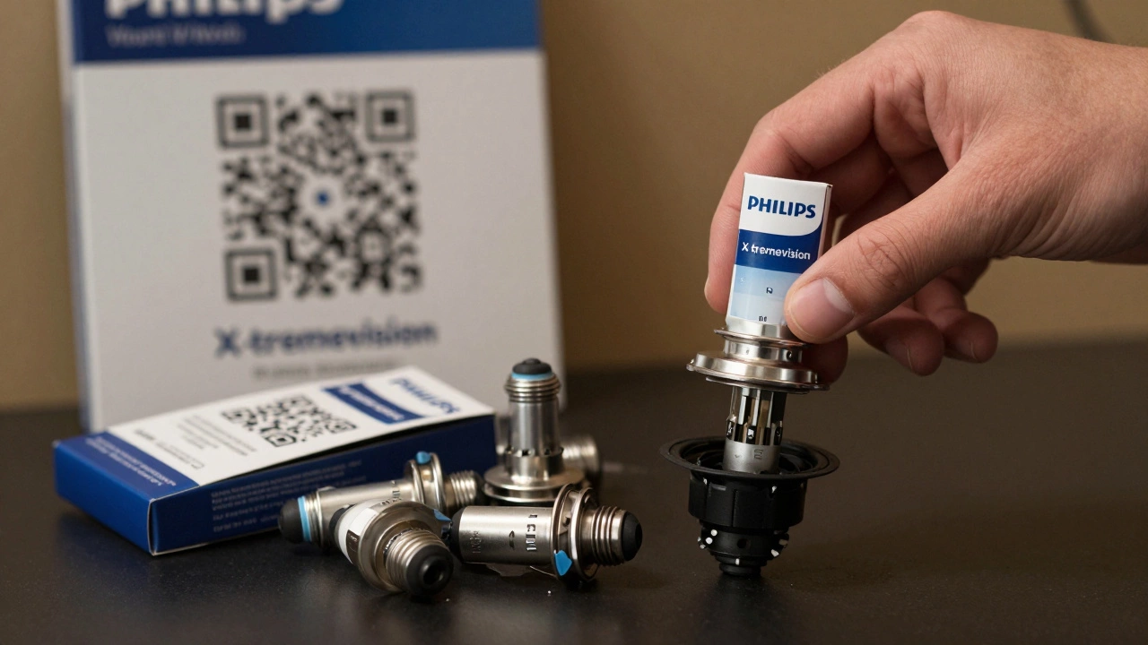 Рука вставляет качественную лампу H7 в фару, рядом лежат неподходящие лампы и поддельная упаковка.