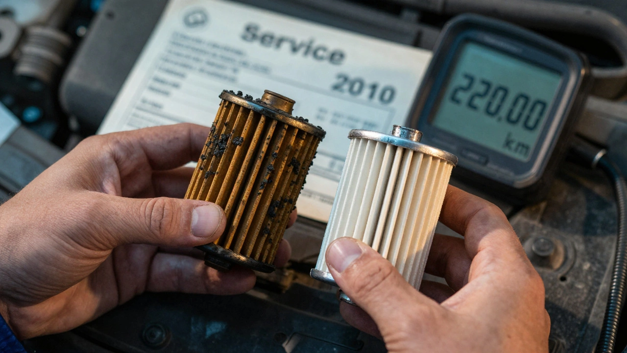 Руки механика держат грязный и чистый масляный фильтр на фоне старой квитанции и одометра.