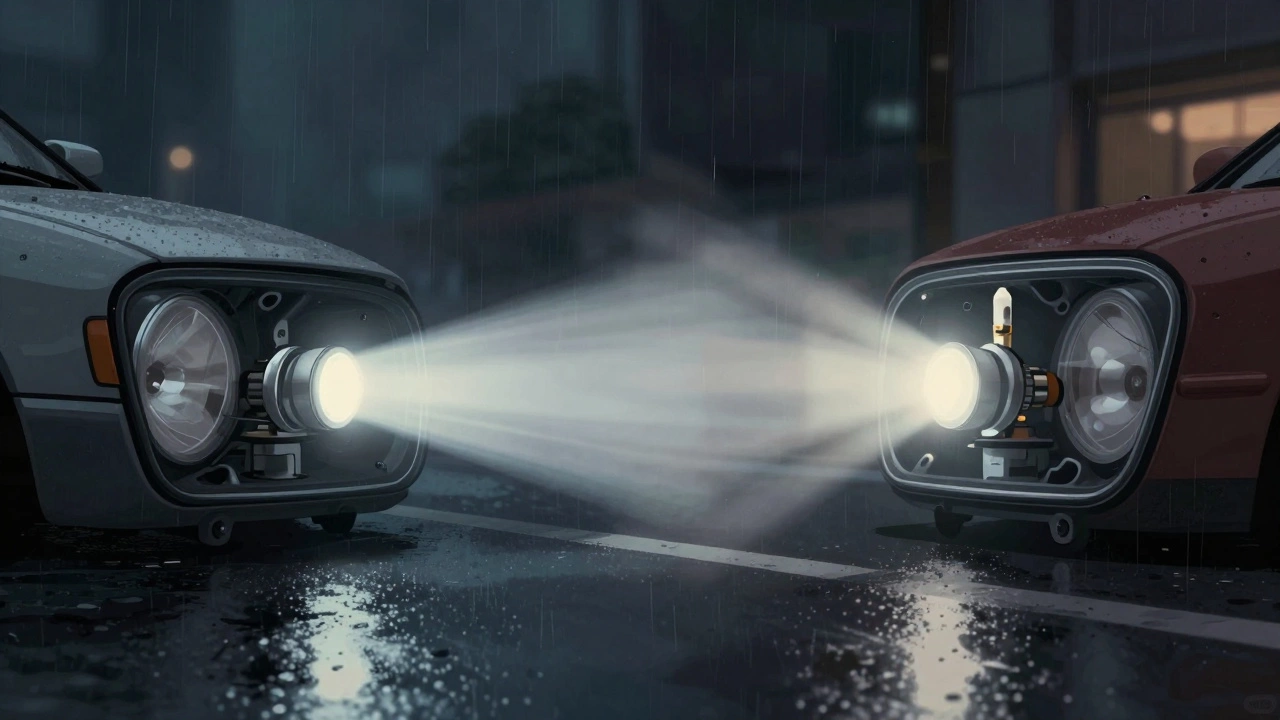 Сравнение световых пучков: чёткий луч от H7 и размытый блик от неправильной лампы H4 на мокрой дороге.