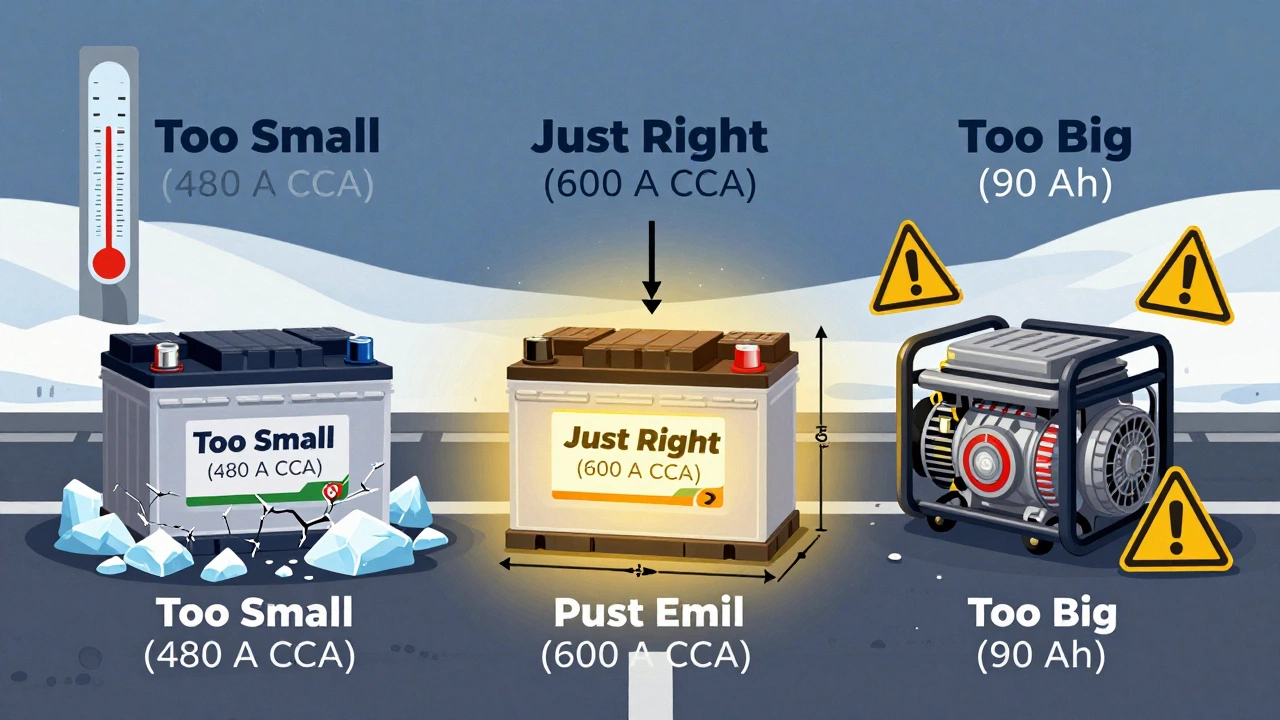 Сравнение трёх аккумуляторов: слишком малого, правильного и слишком большого на фоне зимней дороги.
