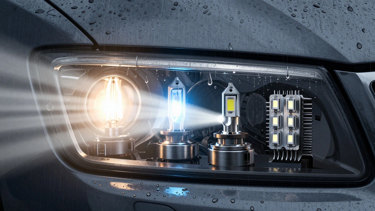 Три типа автомобильных ламп — галогеновая, ксеноновая и светодиодная — рядом с каплями дождя, показывающими разницу в свечении.