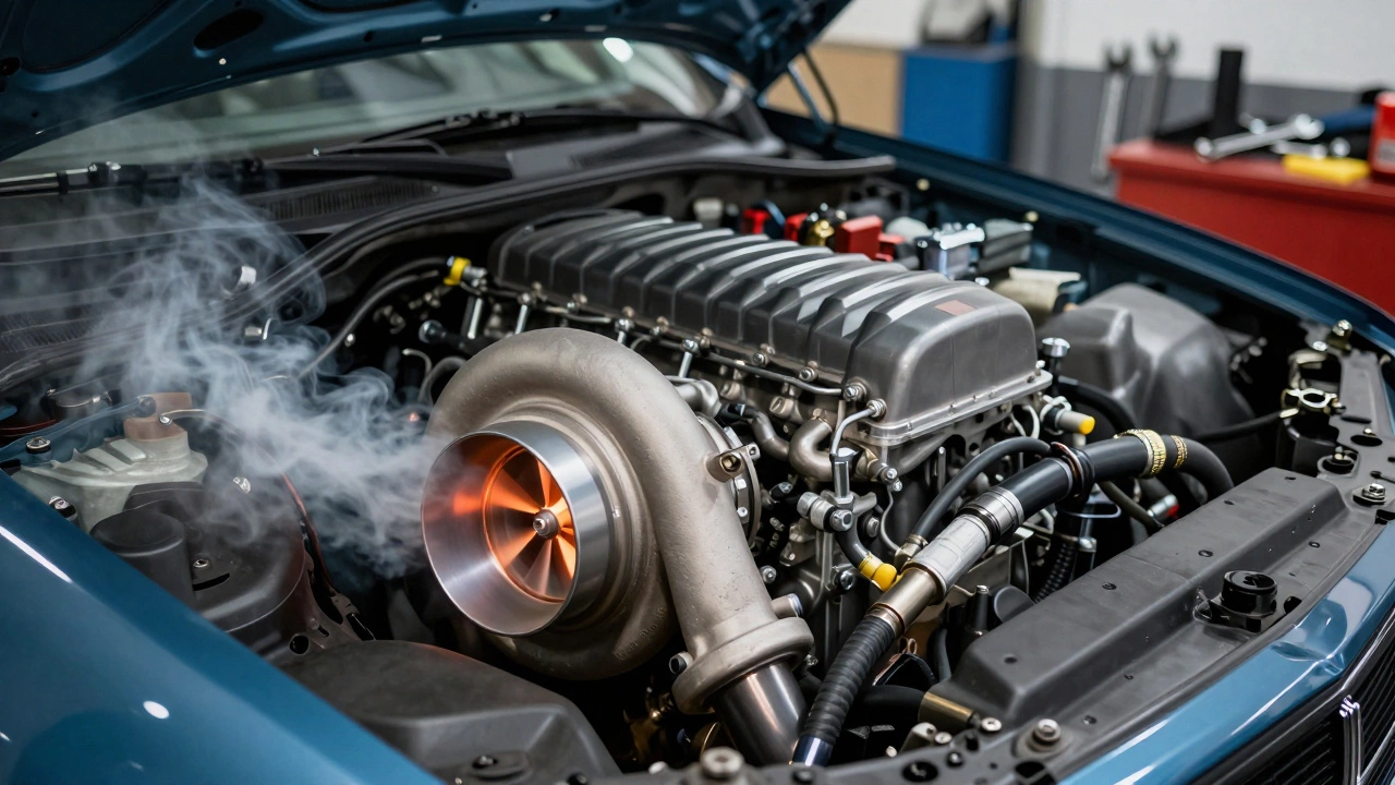 Турбированный двигатель под нагрузкой: дым из выхлопа, раскаленный турбокомпрессор в работе в гараже.