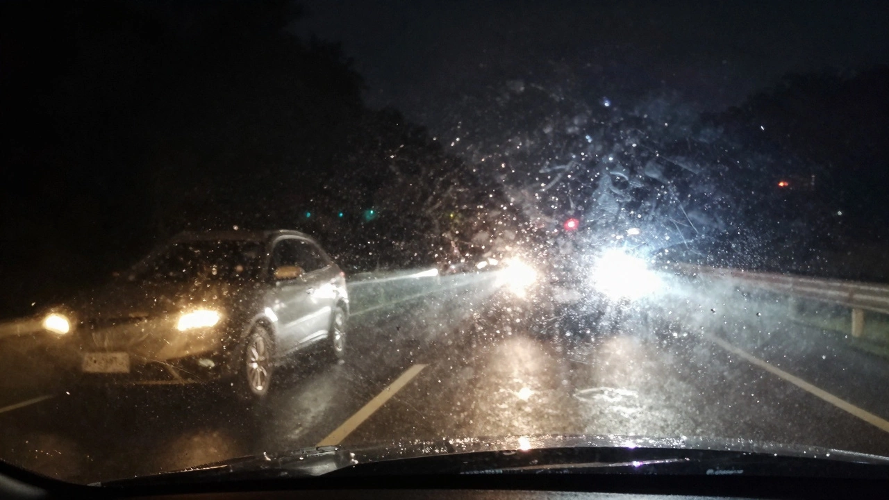 Вид через мокрое лобовое стекло: разные типы фар освещают дорогу по-разному, один из них создает ослепляющий блеск.