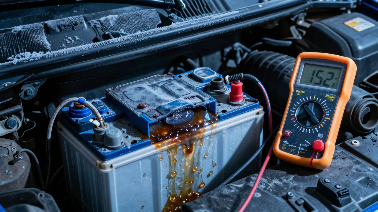 Вздувшийся и протекающий аккумулятор с перезарядкой и поврежденными кабелями.