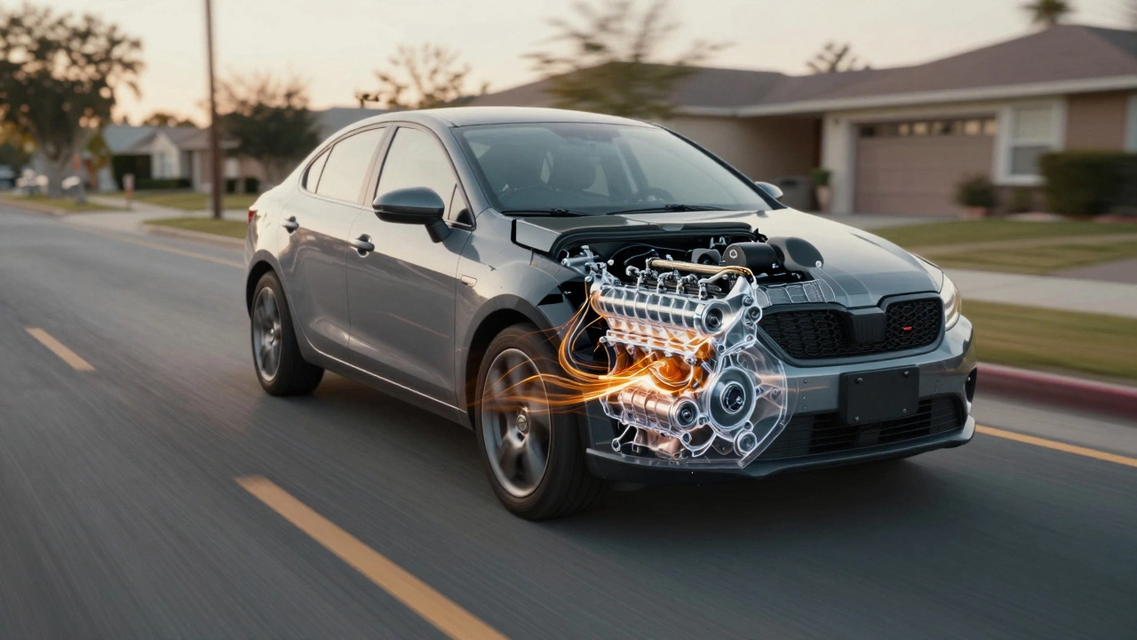 Автомобиль медленно едет по дороге, внутри двигателя видны потоки масла.