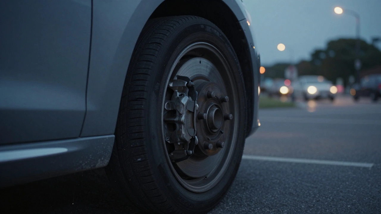 Боковой обзор изношенной тормозной колодки между диском и суппортом.