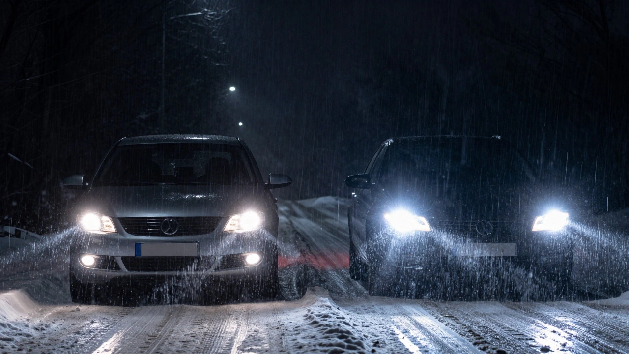 Две машины в дождь: одна с правильным светом, другая — с ослепляющим белым, контраст виден на мокрой дороге.
