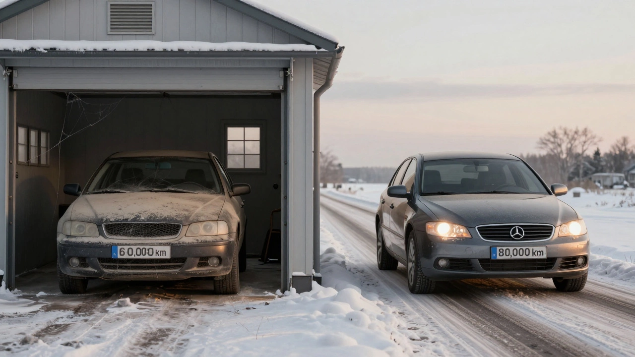 Две одинаковые машины: одна в гараже с малым пробегом, другая на дороге с высоким пробегом.