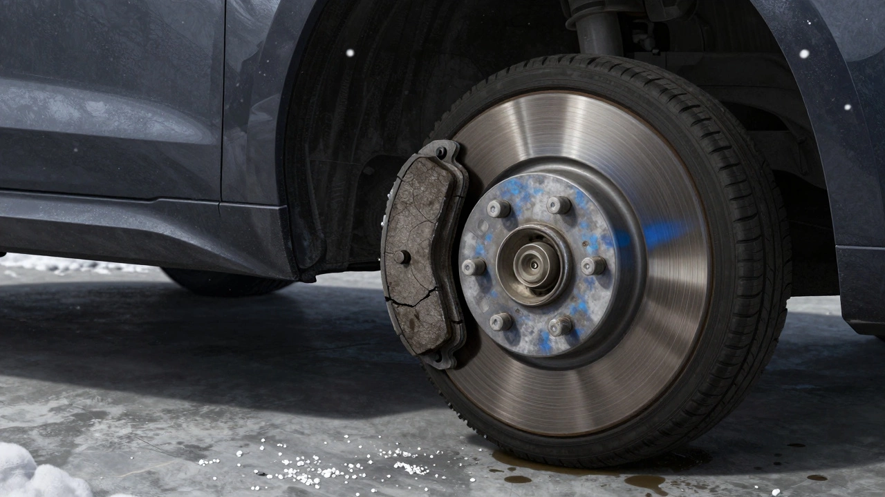 Изношенные тормозные колодки и повреждённый тормозной диск на снятом колесе.