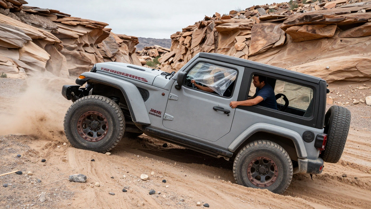 Jeep Wrangler на боку в пустыне, водитель снимает дверь для продолжения пути.