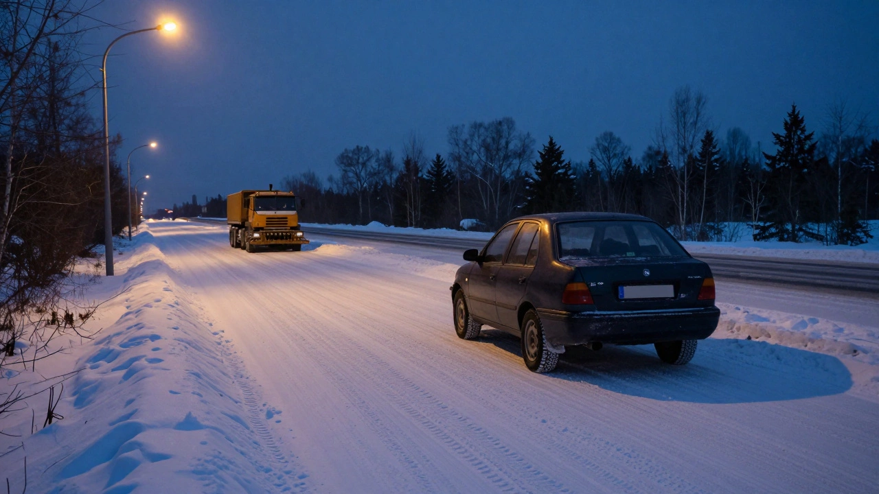 Машина с всесезонными шинами едет по заснеженной дороге, вдалеке — снегоуборочная машина.