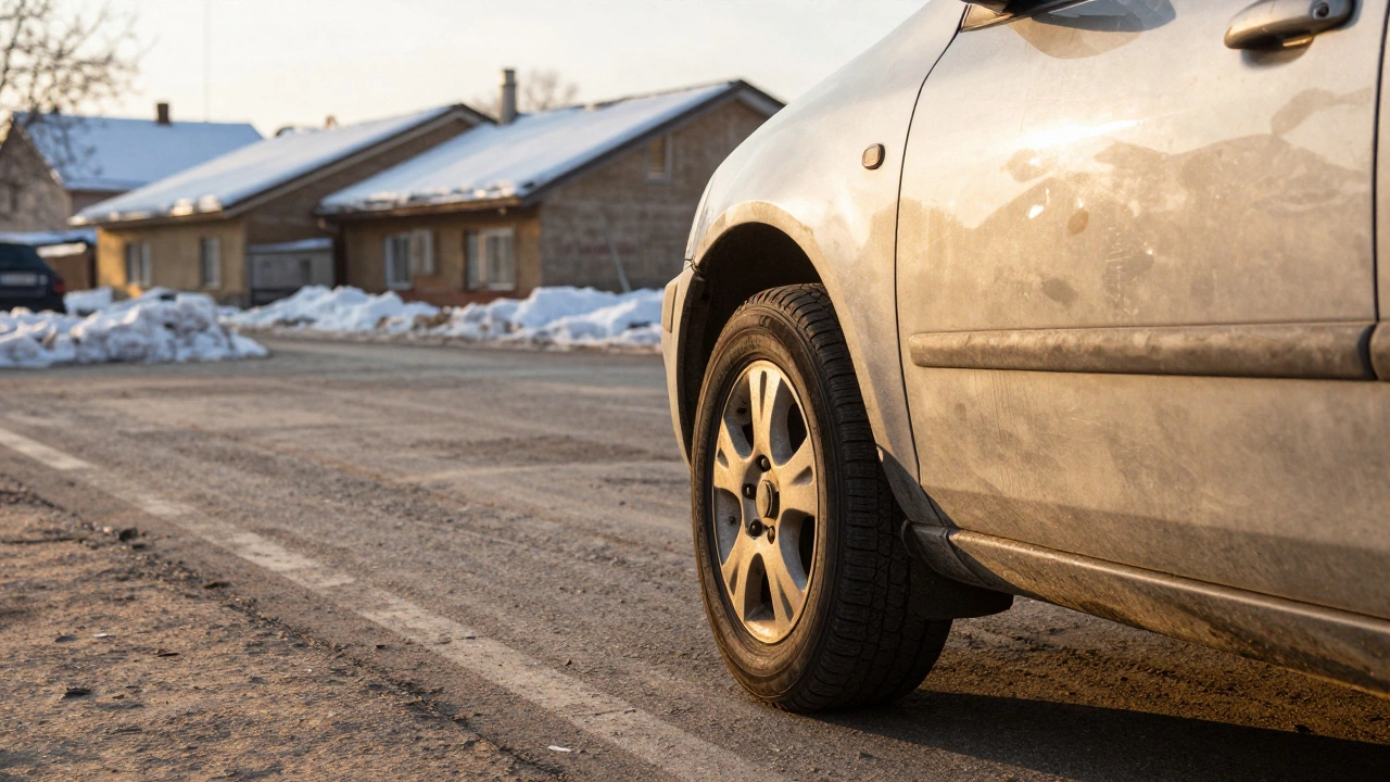 Машина с всесезонными шинами на сухом асфальте в тёплом регионе России.