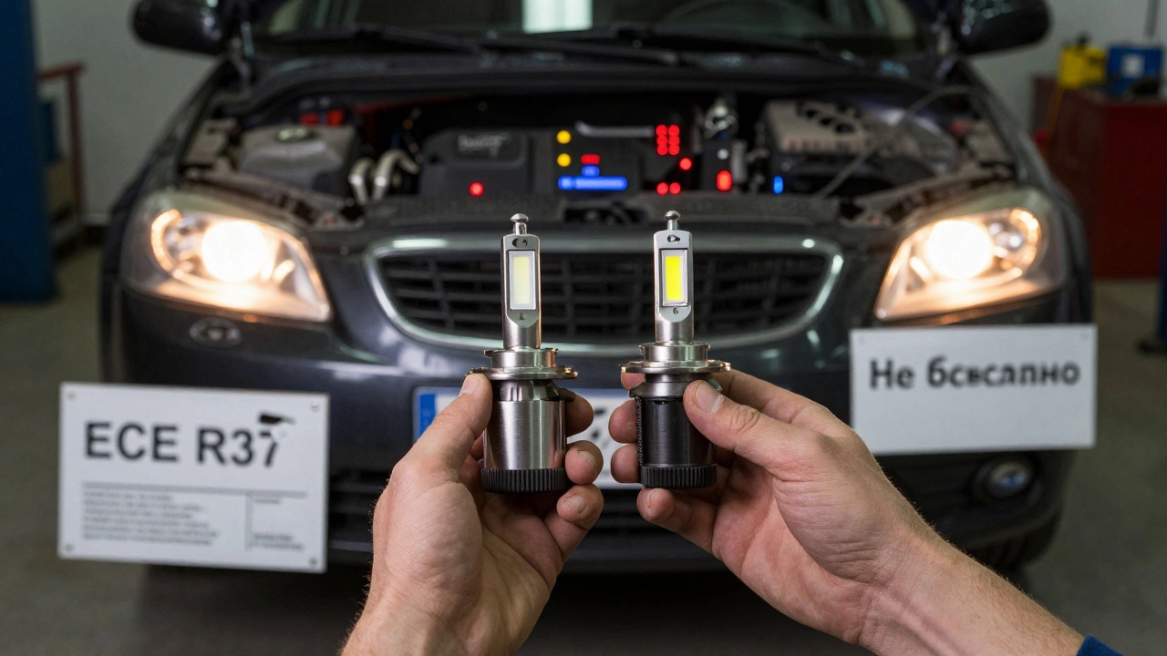 Механик держит две лампы, на приборке мигают ошибки, на полу — запрещённый сертификат.